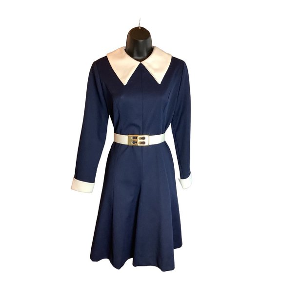 1960's-70's Montgomery Ward Navy & White Dagger Collar Dress - Picture 1 of 10